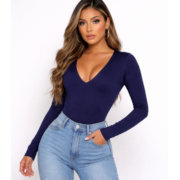 Good American Tops - Good American DIsco Blue Long Sleeve V-Neck Thong Bodysuit Size 3 L